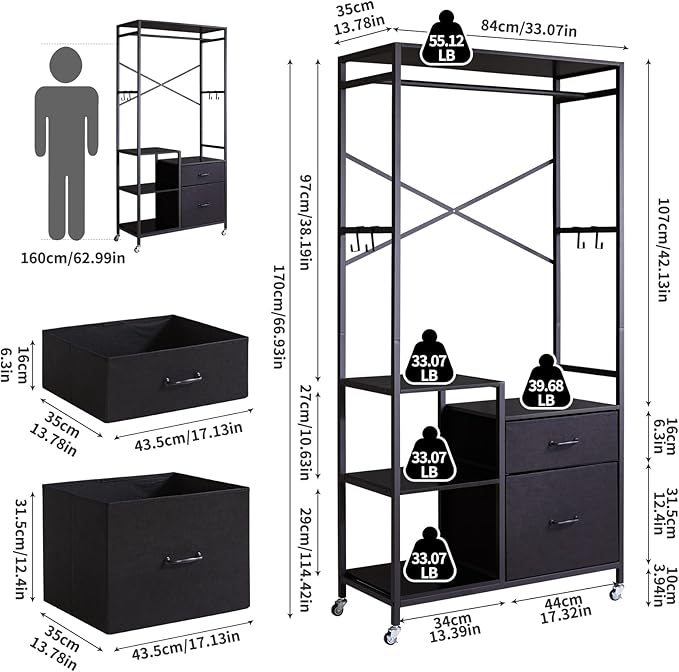 Clothes Rack, Heavy Duty Garment Rack for Hanging Clothes, Industrial Clothing Racks with Shelves, 2 Fabric Drawers, 4 Hooks, 1 Hanging Rods Black YD-TM080B