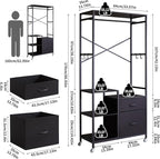 Clothes Rack, Heavy Duty Garment Rack for Hanging Clothes, Industrial Clothing Racks with Shelves, 2 Fabric Drawers, 4 Hooks, 1 Hanging Rods Black YD-TM080B