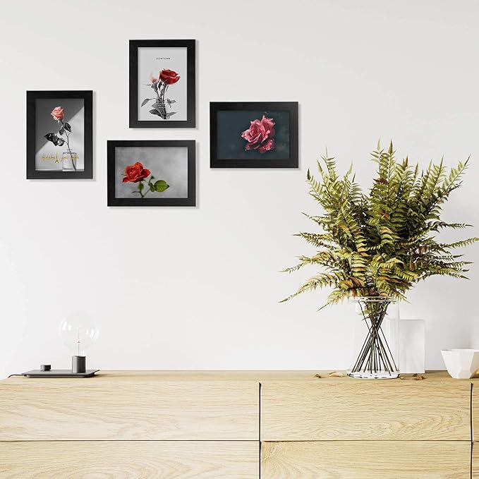 Egofine 4x6 Picture Frames Set of 4, Made of Solid Wood Covered by Plexiglass 3x4.5 and 3.5x5 with Mat or 4x6 without Mat, for Table Top Display and Wall Mounting Photo Frame Black