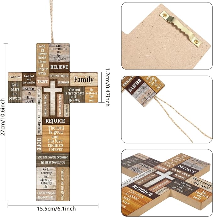 Jetec Cross Wall Decor Christian Wooden Cross Easter Religious Faith Biblical Verse Wall or Table Sign for Easter First Communion Gift Farmhouse Home Hanging Decoration(10.6 x 6.1 Inch)
