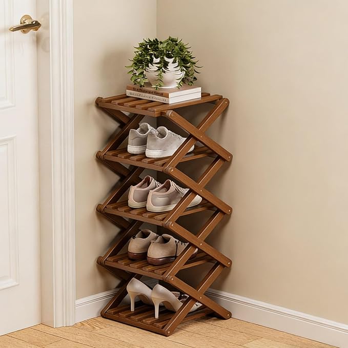 The 9-Tier No-Assembly Bamboo Rack, 2-9 Tier Folding Shoe Storage Rack, Space-Saving Organizer for Shoes, No Assembly Narrow Shoe Shelf for Entryway Closet Dorm (Brown, 5 Tier)