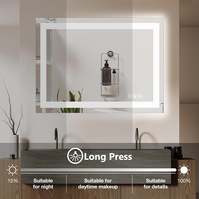 DUMOS 24.1"x36.1" LED Bathroom Mirror, Smart Anti-Fog Bathroom Vanity Mirror with Front Light & Backlit, 3 Color Temperatures, Dimmable, Memory Function