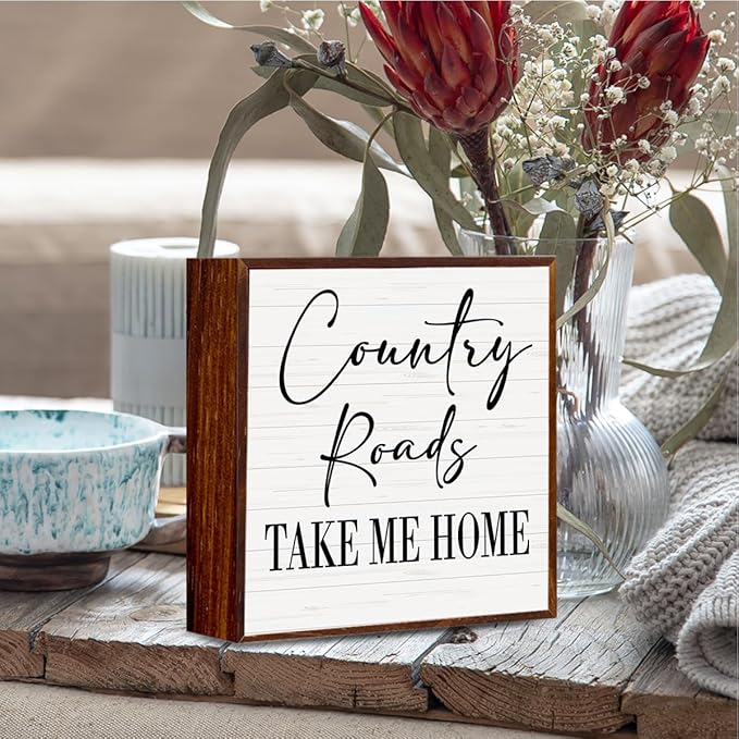 Country roads, County Home Farmhouse Sign Desk Decor Wooden Box Sign Gift, Rustic Wood Block Plaque Box Sign for Home Kitchen Bathroom Shelf Table Decoration Country Roads Take Me Home Sign.(white)