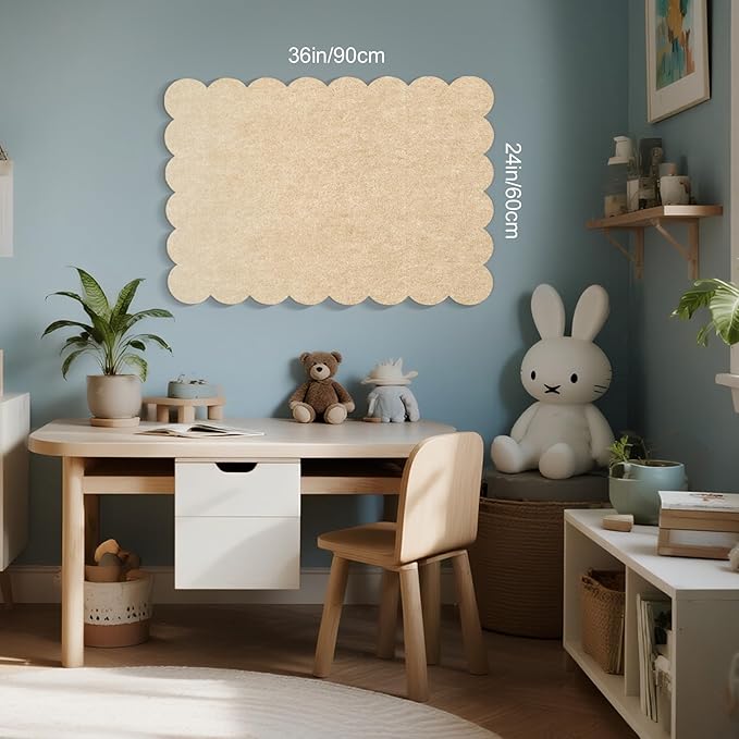 Lightomorrow Scalloped Bulletin Board, 36 x 24 Inches Felt Pin Board - Decorative Cork Alternative for Wall, Foldable Picture Self-Adhesive Vision Prayer Board with 20 Pushpins - Beige Brown