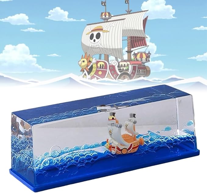 Unsinkable Thousand Sunny Pirate Ship in A Bottle - Floating Boat Liquid Motion Ocean Desk Decor, Unique Birthday Gifts for Men Women Anime Lovers, Desk Ornament for Home Office Decorations (Blue-c)