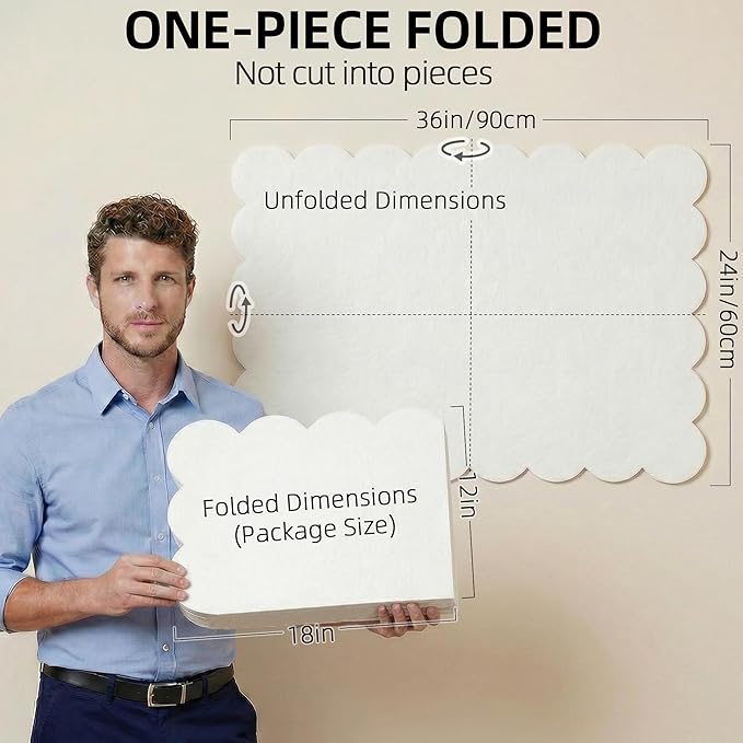Scalloped White Felt Bulletin Board 36x24 Inches - Self-Adhesive Foldable, with 30 Pushpins, Cork Board Alternative - Decorative Pin Board for Wall, Home, Office & School
