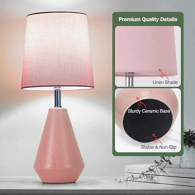 Small Bedside Table Lamp for Bedroom - Reading Desk Lamp with 3 Color Temperatures，15.5" Nightstand Ceramic Lamp with Fabric Shade for Kids Room,Living Room,Dorm,Home Office (Pink)