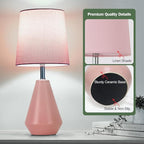 Small Bedside Table Lamp for Bedroom - Reading Desk Lamp with 3 Color Temperatures，15.5" Nightstand Ceramic Lamp with Fabric Shade for Kids Room,Living Room,Dorm,Home Office (Pink)