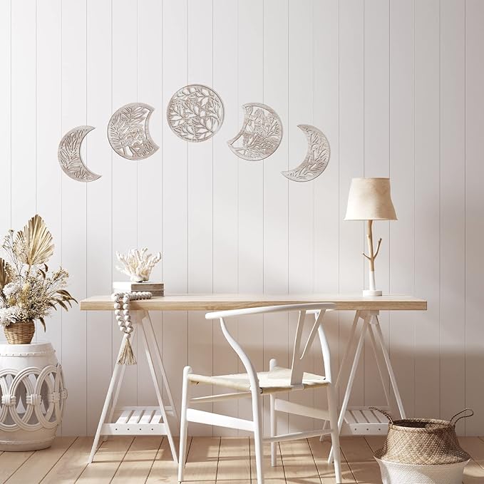 Jetec 5 Pcs Moon Phase Wall Art Decor Wall Pediments Hanging Wooden Phase Spiritual Bedroom Nordic Boho Lunar Aesthetic Art for Living Room Dorm Apartment Ornament(Vintage Color,10.6 Inch,Botanical)