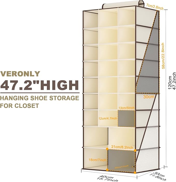 VERONLY Hanging Shoe Organizer for Closet-Collapsible Storage Rack with 25 Sections & 4 Side Pockets, Hanging Shoe Shelves for Hats,and Clothes, Beige