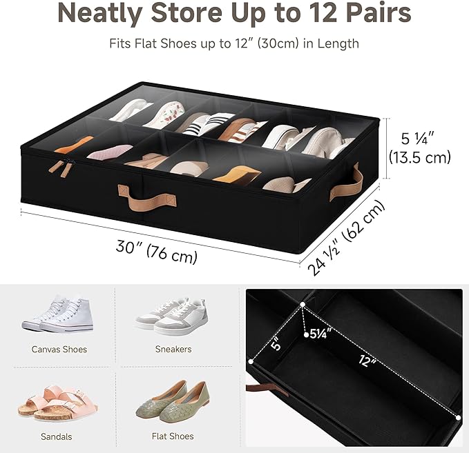 StorageWorks Shoe Organizer for Closet, Fits up to 24 Pairs, 2-Pack Ultra-thick Fabric Under Bed Shoe Storage Containers with Bottom Support and Adjustable Dividers, Black