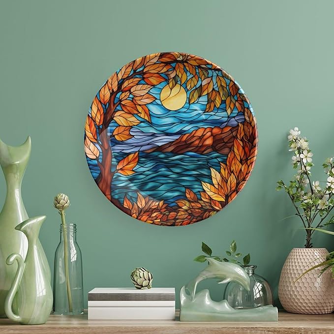 Stained Glass Design Fall Maple Tree Night Decorative Plates Home Decor Ceramic Plates, Fall Season Dinner Plates Display for Living Room, Kitchen, Gifts for Thanksgiving, 6 Inch