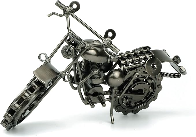 TRANSGOOD Handmade Motorcycle Model with Rolling Wheels, 9" Vintage Steampunk Bike Sculpture, Heavy-Duty Iron Desk Decor, Unique Biker Gift for Dad Husband, Industrial Man Cave Office Home Art (B03)