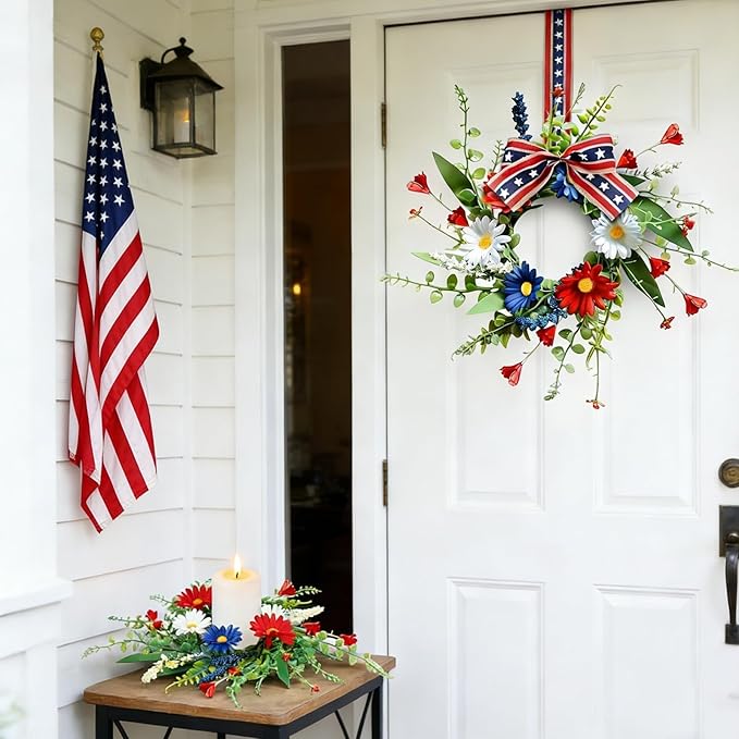 12 Pcs Mini Patriotic American Kitchen Cabinet Wreaths Small 4th of July Floral Swag Wreath for Front Door with Ribbon Daisy July Independence Day Hanging Wreath for Porch Wall Farmhouse Decor