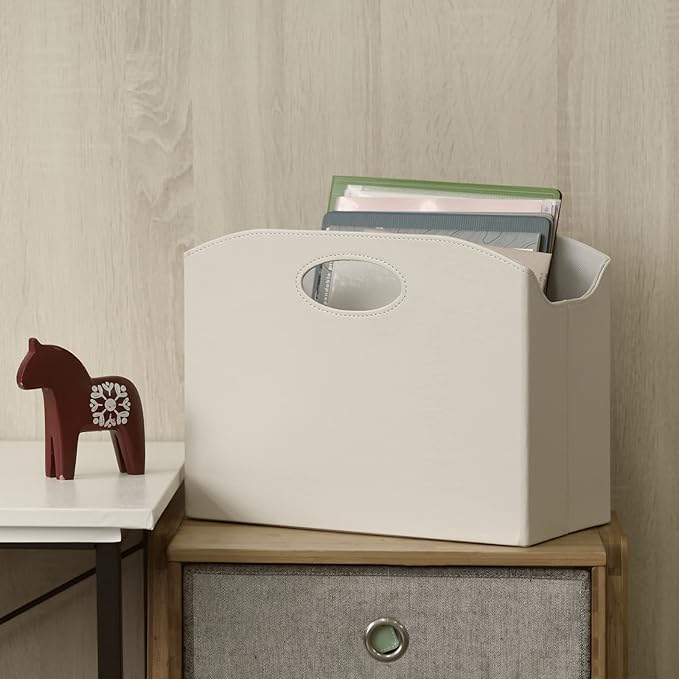EZDeco Magazine Holder Foldable Magazine Rack Floor PU Leather File Holder Newspaper Book Storage Magazine Basket Document File Folder Organizer for Office Home (Off-White)