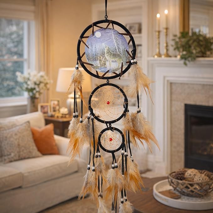 Wowagoga Dream Catcher Indian Style Oil Painting Wolf Hand-Woven Car Pendant Wall Hanging Home Decorations (Wolf)