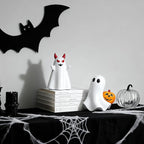 2 pcs Ghost Figurines Halloween Indoor Decoration, White Cute Ghost Halloween Table Decor Tiered Tray Decorations,Funny Devil&Pumpkin Ghost Figurine Resin Statue Centerpieces