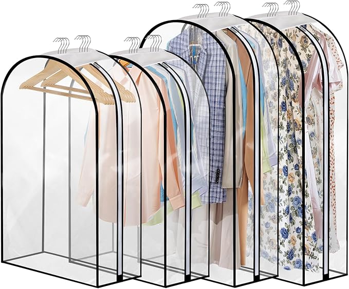 4 Pack Full Clear Garment Bags with Side Zipper, 40&60" Clothes Covers with 10" Gusset, Transparent Hanging Suit & Coat Covers for Closet Storage, Jackets, Dresses, Windbreakers