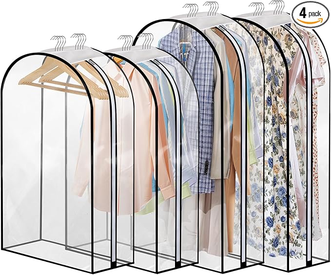 4 Pack Full Clear Garment Bags with Side Zipper, 40&60" Clothes Covers with 10" Gusset, Transparent Hanging Suit & Coat Covers for Closet Storage, Jackets, Dresses, Windbreakers
