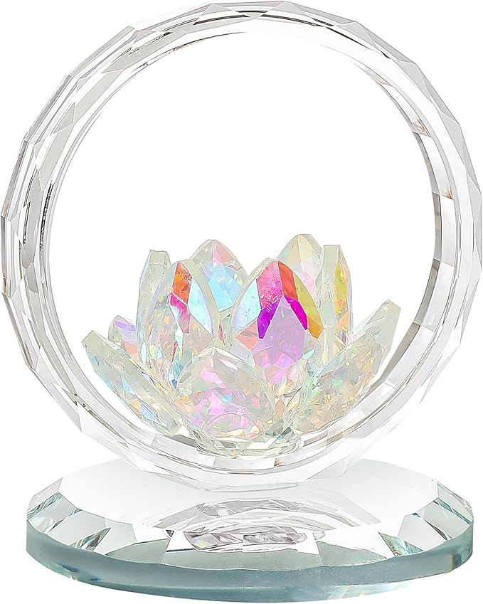 LONGWIN Crystal Lotus Flower Basket Figurine Collectible Glass Flowers Art Decor Reflection Feng Shui Decorative Ornaments for Living Room Bedroom Office AB - Coated