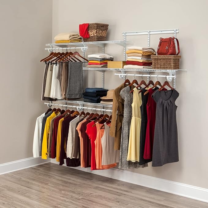 ClosetMaid ShelfTrack Wire Closet Organizer System, Adjustable from 5 to 8 Ft., With Shelves, Clothes Rods, Hardware, Durable Steel, White