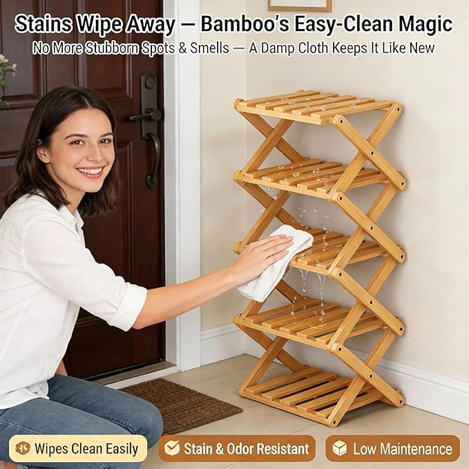 The 5-Tier No-Assembly Bamboo Rack, Bamboo Shoe Rack, Foldable Shoe Rack, Space Saving Collapsible Shelves for Entryway, Closet, Bathroom, Bamboo Shoe Rack, Foldable Shoe Rack (Wood, 5Tier)