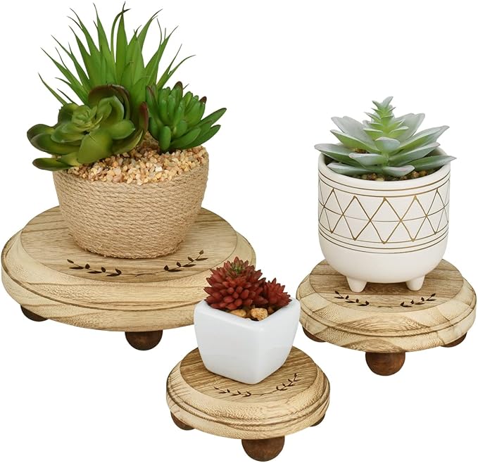 MOOCA 3 Pcs Set Stackable Round Wooden Display Riser, Small Wood Risers for Decor, Pedestal Stand for Home Kitchen, Collection Display, Showcase, Garden and Store