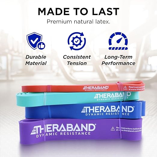 THERABAND High Resistance Bands, Set of 4 Elastic Super Bands for Improving Flexibility, Injury Rehab, & Full Body Workouts, Heavy Duty Stretch Bands for Exercise, Light, Medium, Heavy, X-Heavy Bands