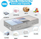 2 Pack 100L Under Bed Storage Containers, Low Profile Closet Organizers and Storage Bins for Dorm, Foldable Underbed Bag for Clothes, Blanket, Sheets, Wrapping Paper, Clear Window & Dual Zippers, Grey