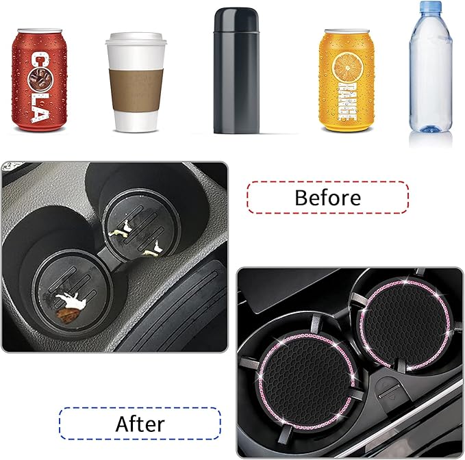 4 Pack Car Coasters, Universal Vehicle Bling Car Coaster, Cute Rhinestone Coaster for Cup Holders,Interior Accessories 2.75'' Silicone Anti Slip Car Coasters for Women (Pink Crystal Circle)