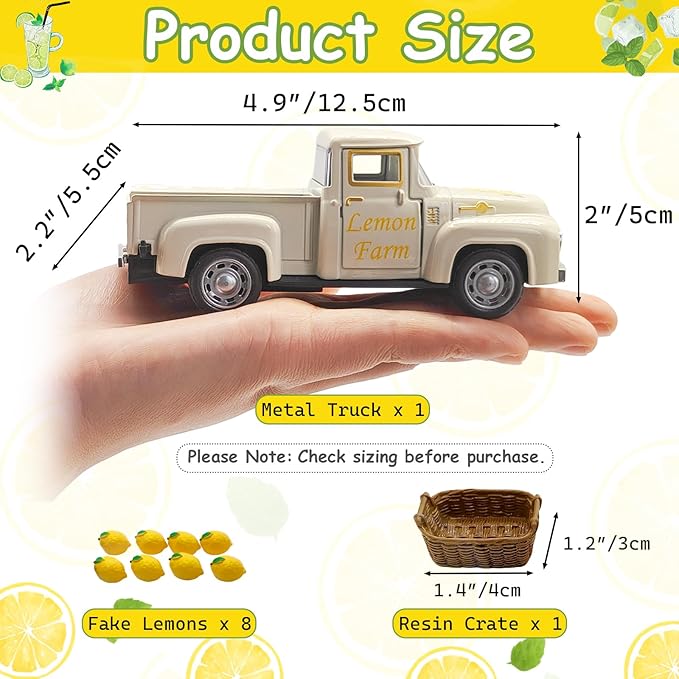 Lemon Decor - 4.9″Farmhouse Vintage Metal Truck with Mini Fake Lemons for Home Kitchen Table, Shelf, Party Decorations and Lemonade Stand Decor Summer Tiered Tray Decoration