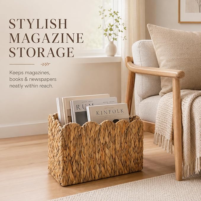 Water Hyacinth Magazine Holder for Floor, Tall Narrow Wicker Magazine Basket with Scalloped Edge – Handwoven Magazine Rack, Book Basket & File Holder for Living Room, Office & Bedroom