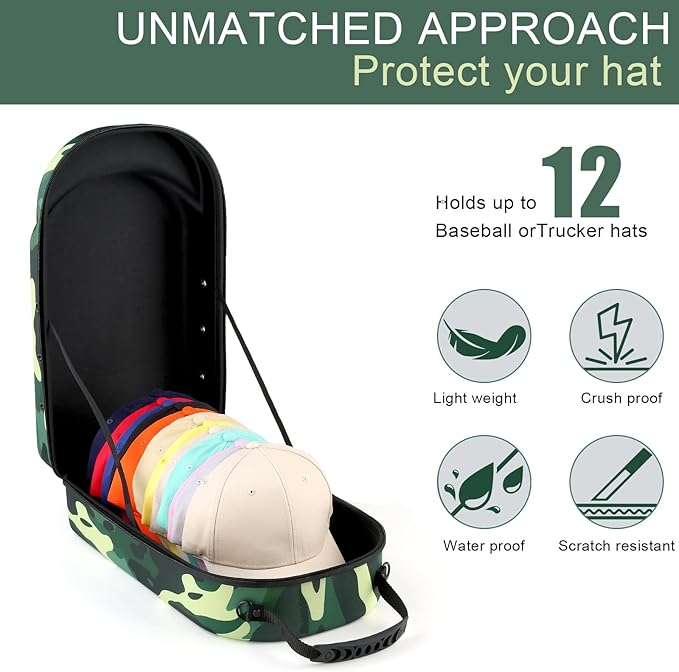 Hard baseball hat case, Hat Carrier Travel Case with Adjustable Shoulder Strap, Hat cap case for 12 Baseball Caps - Perfect for Traveling & At-Home Storage (Camo Green)
