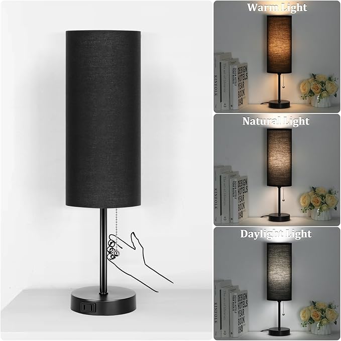 Dott Arts 18" Table Lamp for Bedroom, 3-Color Bedside Lamps with Pull Chain, Bedroom Table Lamps for Nightstand,AC Outlet Small Lamp for Living Room, Bulb Included Black