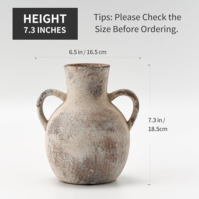 SIDUCAL Rustic Ceramic Farmhouse Flower Vase with 2 Handles, Whitewashed Terra Cotta Vase, Decorative Pottery Flower for Home Decor, Table, Living Room, Shelf Decor, 7.3 Inch, Terra