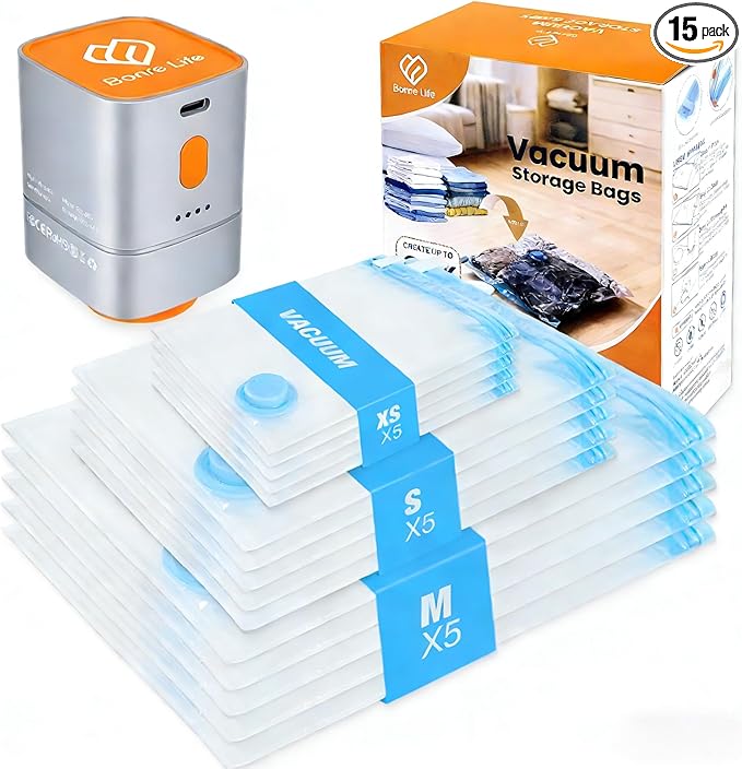 Travel Vacuum Storage Bags with Compact Cordless Pump, 15-Pack Space Saver Vacuum Seal Bags for Clothing & Luggage, Reusable Compression Bags in 3 Carry-On Sizes