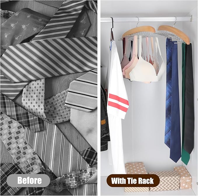 Tie Rack Hanger for Closet,360 Degree Rotating Tie Holder Organizer with 24 Folding Hooks,Wooden Men's Neck Tie Organizer Storage for Belts Tank Tops Scarves