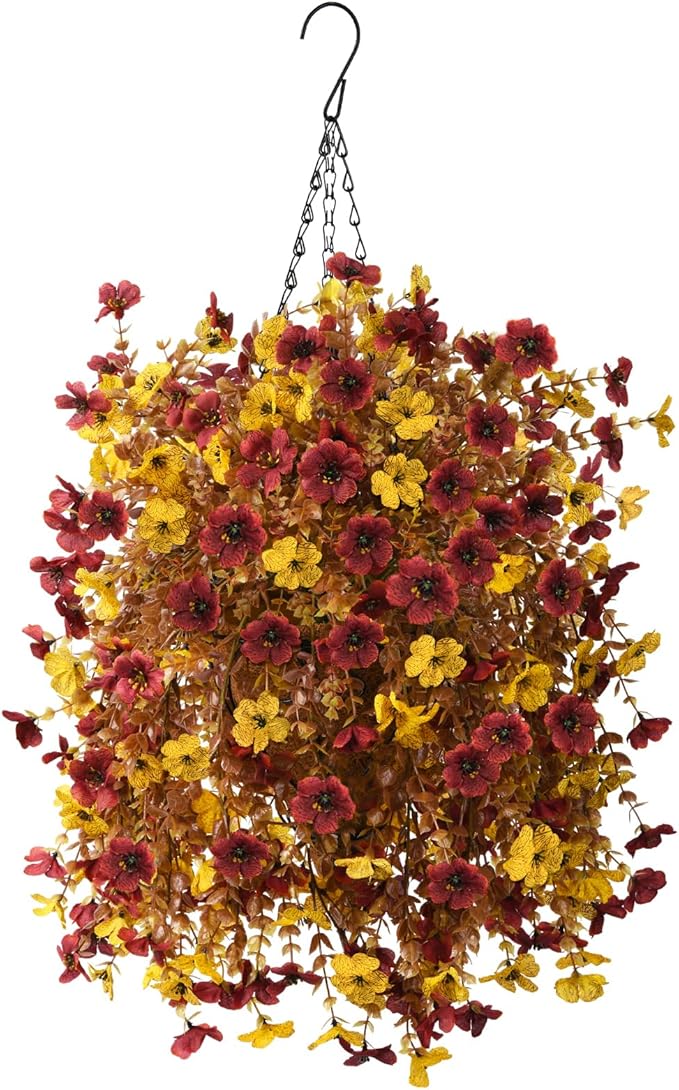 Homsunny Artificial Faux Fall Hanging Flowers Plants Basket for Outdoor Decoration,Fake Silk Orange Mums planters UV Resistant Look Real for Home Porch Patio Yard Outside Autumn Decor (Brown)