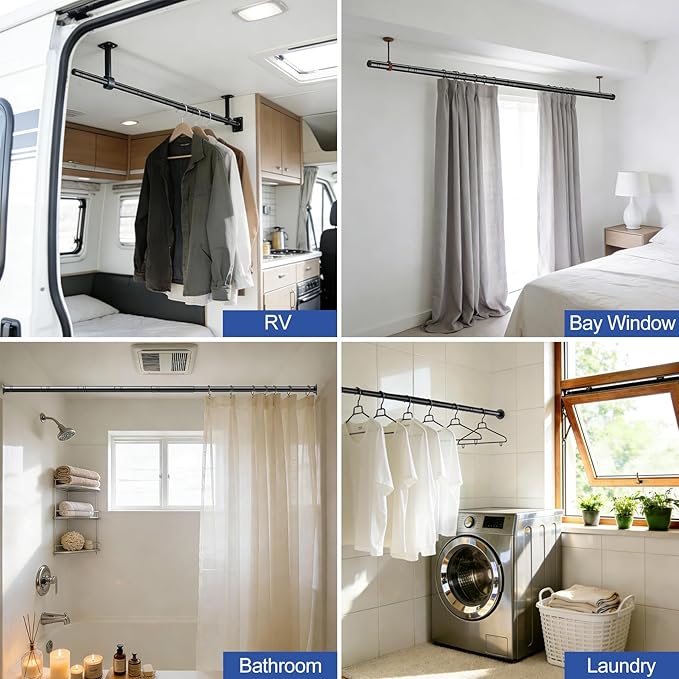 Closet Rods for Hanging Clothes with Screwdriver, 17 to 28 Inch Stepless Adjustable Closet Rod Heavy Duty, 1.3 Inch Clothes Hanging Rod Metal Closets Pole Bar for Wardrobes Laundry Bathroom RV, Black