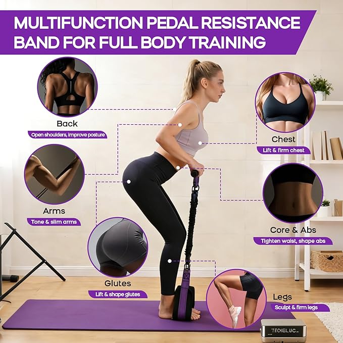 Multifunction Pedal Resistance Band with Handle, 3 Tube Adjustable 30/40/50LB Foot Pedal Puller Resistance Bands with Poster, Extended Length Tension Rope for Men Women Full Body Workout Home Gym