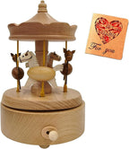Briskfeel Wooden Carousel Music Box with Moving & Elevating Horses, Rotating Wind-Up Decor, Collectible Mechanical Musical Box, Timeless Gift