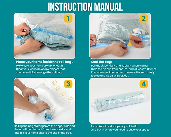6 Pack Space Saver Vacuum Storage Bags Hand Roll Compression Bags for Travel Luggage Home Organizers