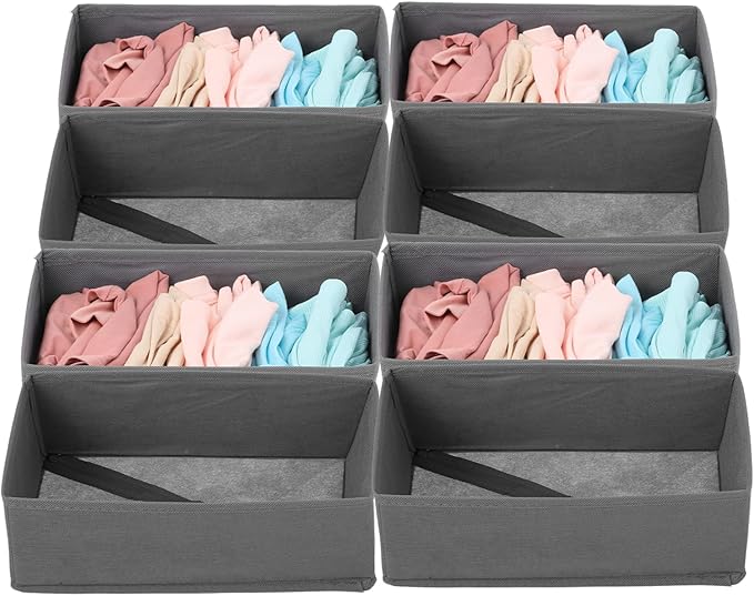 8 Pack Foldable Drawer Organizers, Grey Clothing Dividers Closet Cabinet Dresser Storage Boxes for Socks, Underwear, Bras, Panties, Multi-Purpose Storage Bins, 11x5.7x4.72 Inch