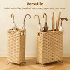 Umbrella Holder for Entryway - Handwoven Rattan Umbrella Stand Indoor with Water Reservoir Base, Durable Metal Hooks & Drip Tray, Stylish Umbrella Basket and Umbrella Storage Bucket
