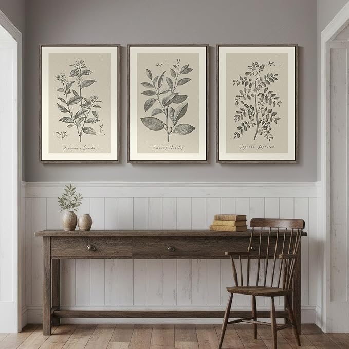 Large Framed Vintage Botanical Wall Art for Living Room, 3 Piece Rustic Farmhouse Plant Canvas Painting Prints Artwork, Neutral Natural Floral Pictures for Bedroom Kitchen Hallway Wall Decor, 24x36 In