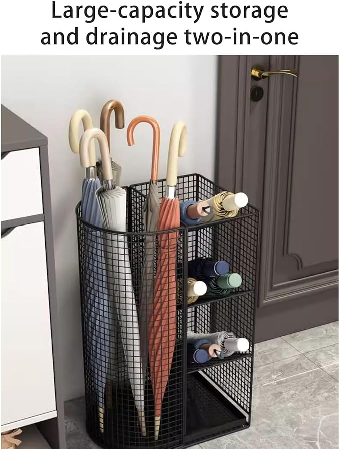 Commercial Metal Umbrella Holder Indoor Large-Capacity Umbrella Storage Shelf Umbrella Basket with Removable Drip Tray for Entryway Metal Entrance Umbrellas Organizer(White)