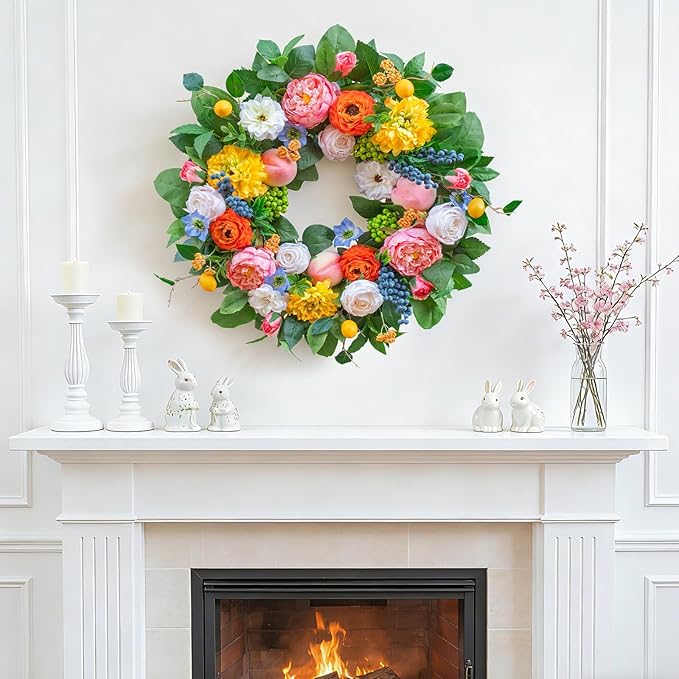 Pinkpuii Spring Wreaths for Front Door 24 Inch Vibrant Spring Summer Wreath with Peonies,Roses,Marigolds,Blueberries & Realistic Fruit Accents (Peach, Lemon)- Ideal for Porch,Entryway,Wall,Window
