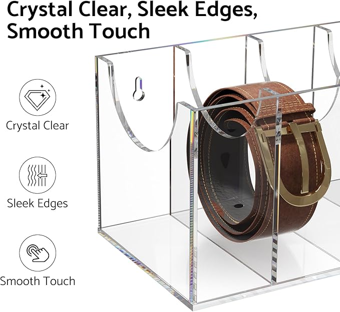 FEMELI Belt Organizer, Acrylic 5 Compartments Container Storage Holder, Clear Display Case for Closet Tie and Bow Tie