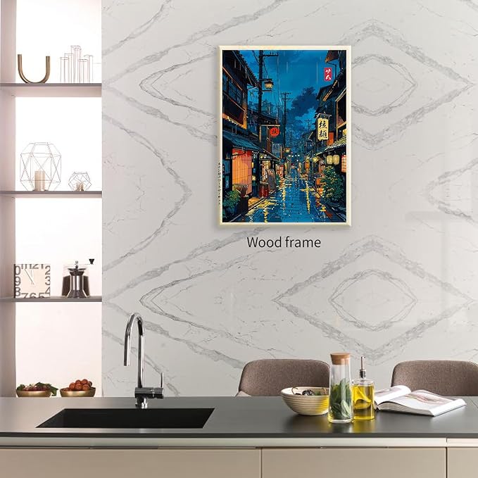 Japanese Tokyo Tea House Framed Canvas Wall Art Japanese City Street Cafe Scene Picture Print Modern Ukiyo-e Decor Poster for Home Bedroom Decorations Artwork11x14in