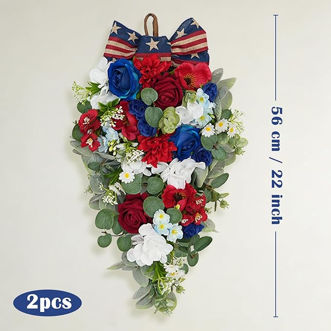 Idyllic 2 Pcs Red White and Blue Floral Swag with Roses, Hydrangea & Daisies | Patriotic Hanging Door Decor for 4th of July Memorial Day Front Door